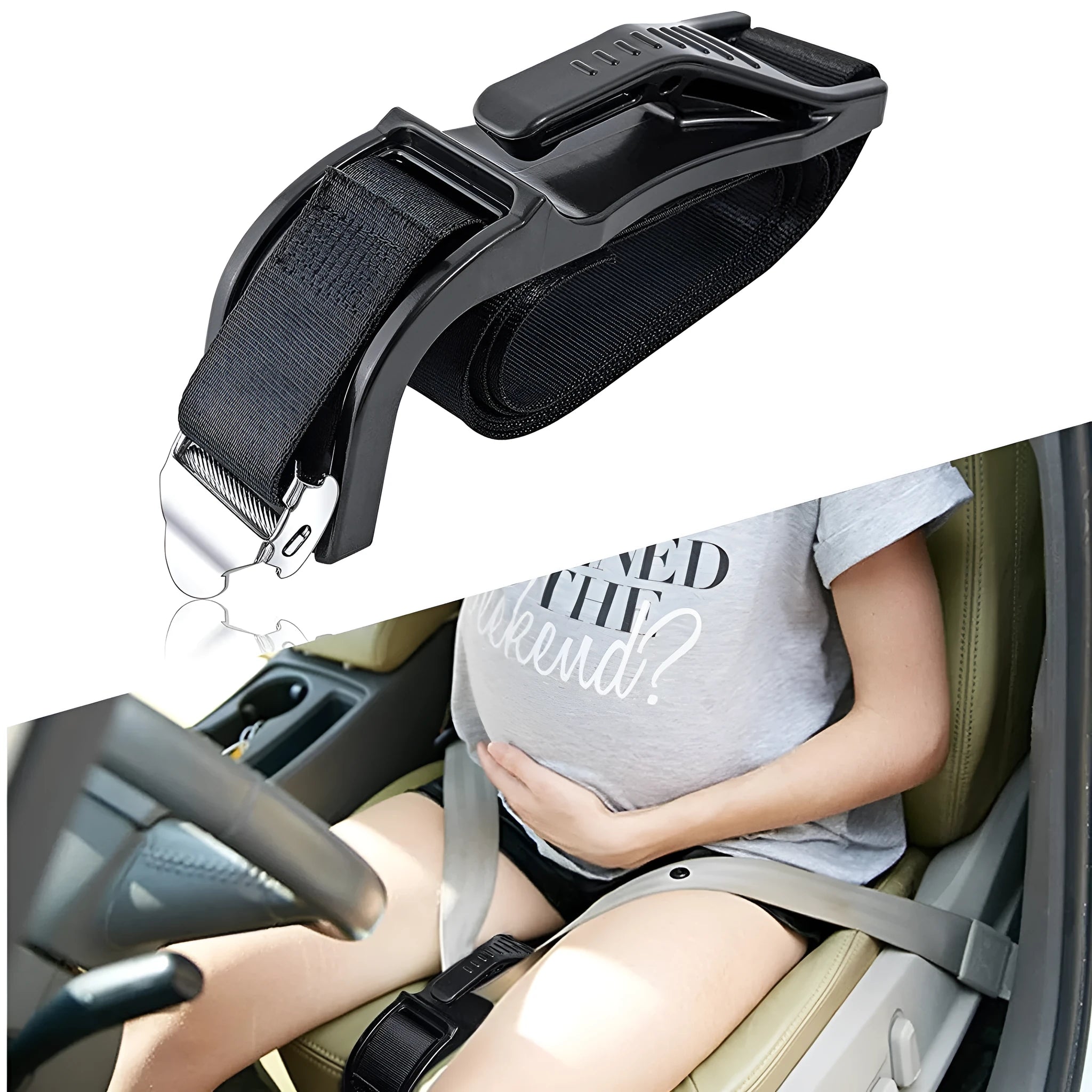 Black ABS polyester pregnancy seat belt adjuster with metal buckle