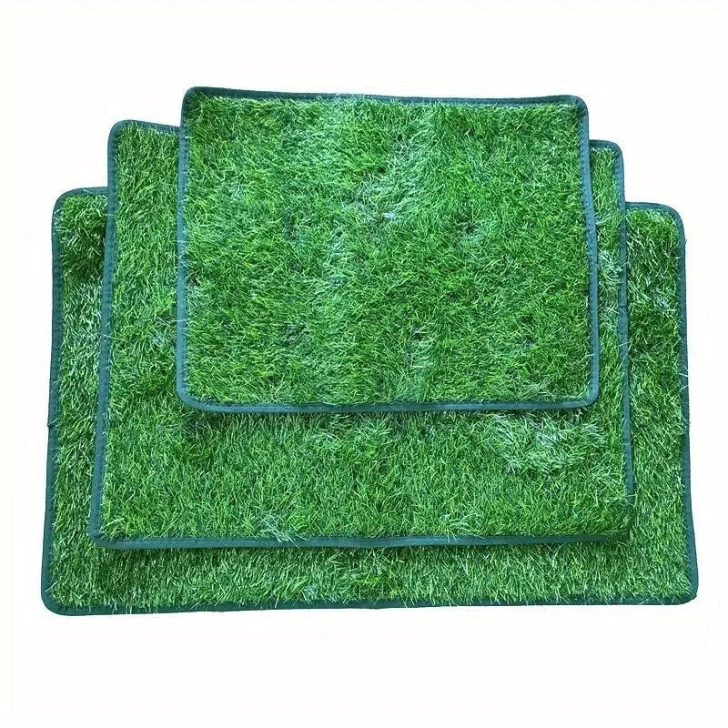 Artificial grass pet training toilet mat shown in small, medium, and large sizes.