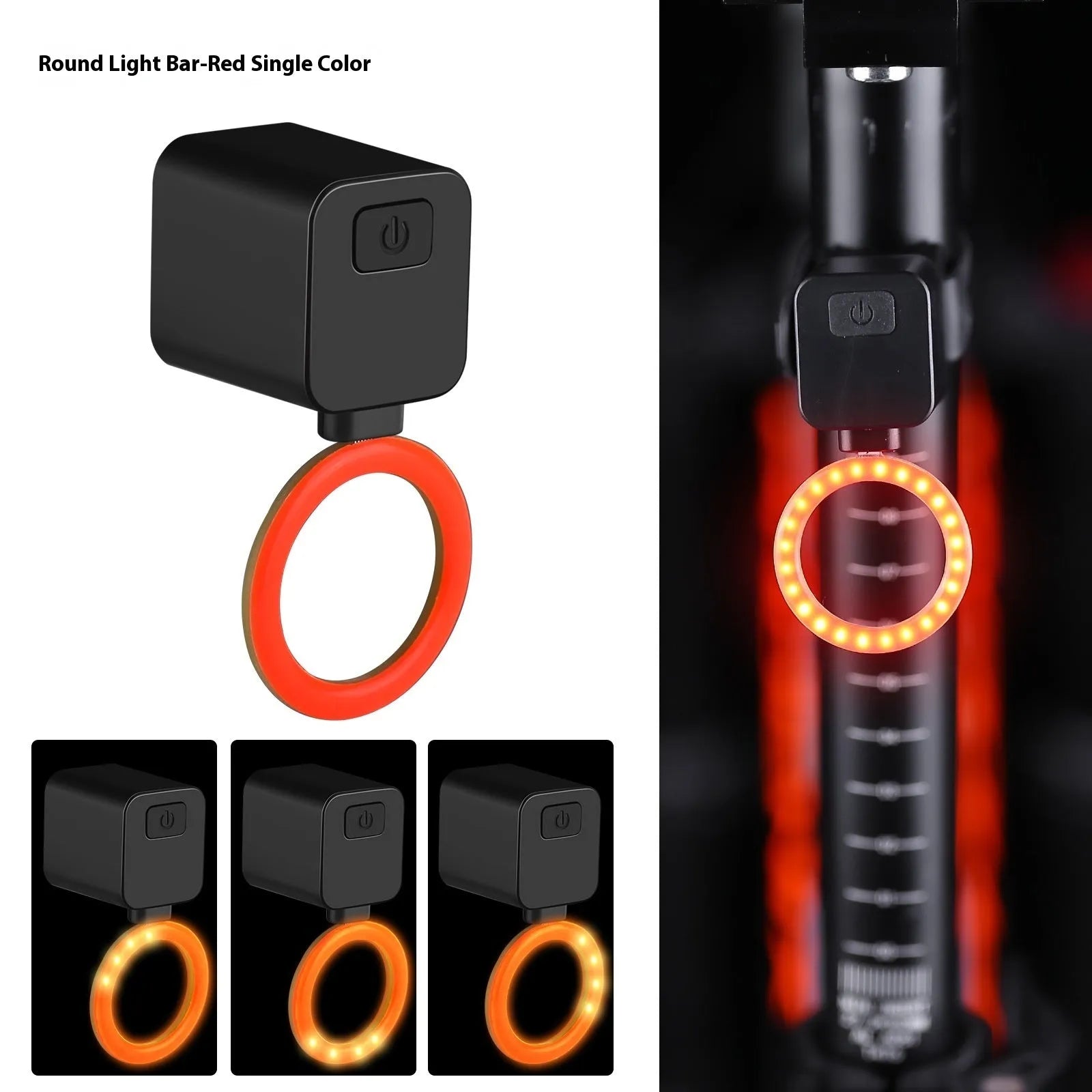USB rechargeable bicycle running water tail light with silicone strap mount on a bike seat tube.