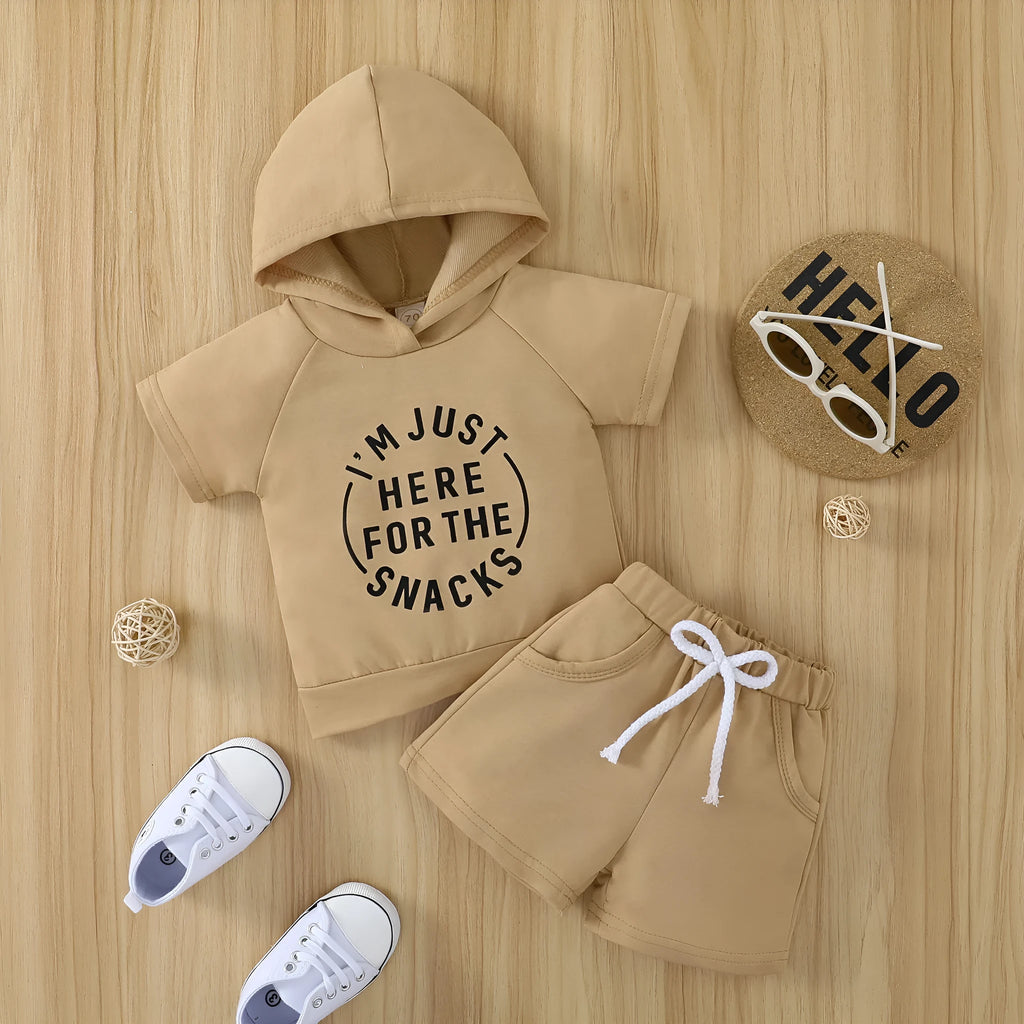 Children's cotton shirt and shorts set with letter print, black or khaki, sizes 70cm to 110cm