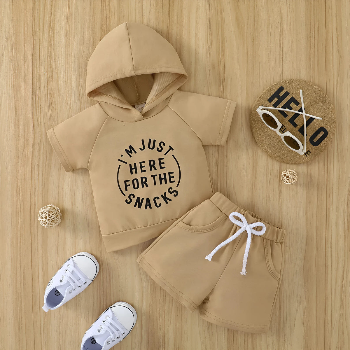 Children's cotton shirt and shorts set with letter print, black or khaki, sizes 70cm to 110cm