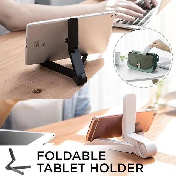 Black foldable tablet stand holding a smartphone in landscape mode on a desk, showing its compact folded size.