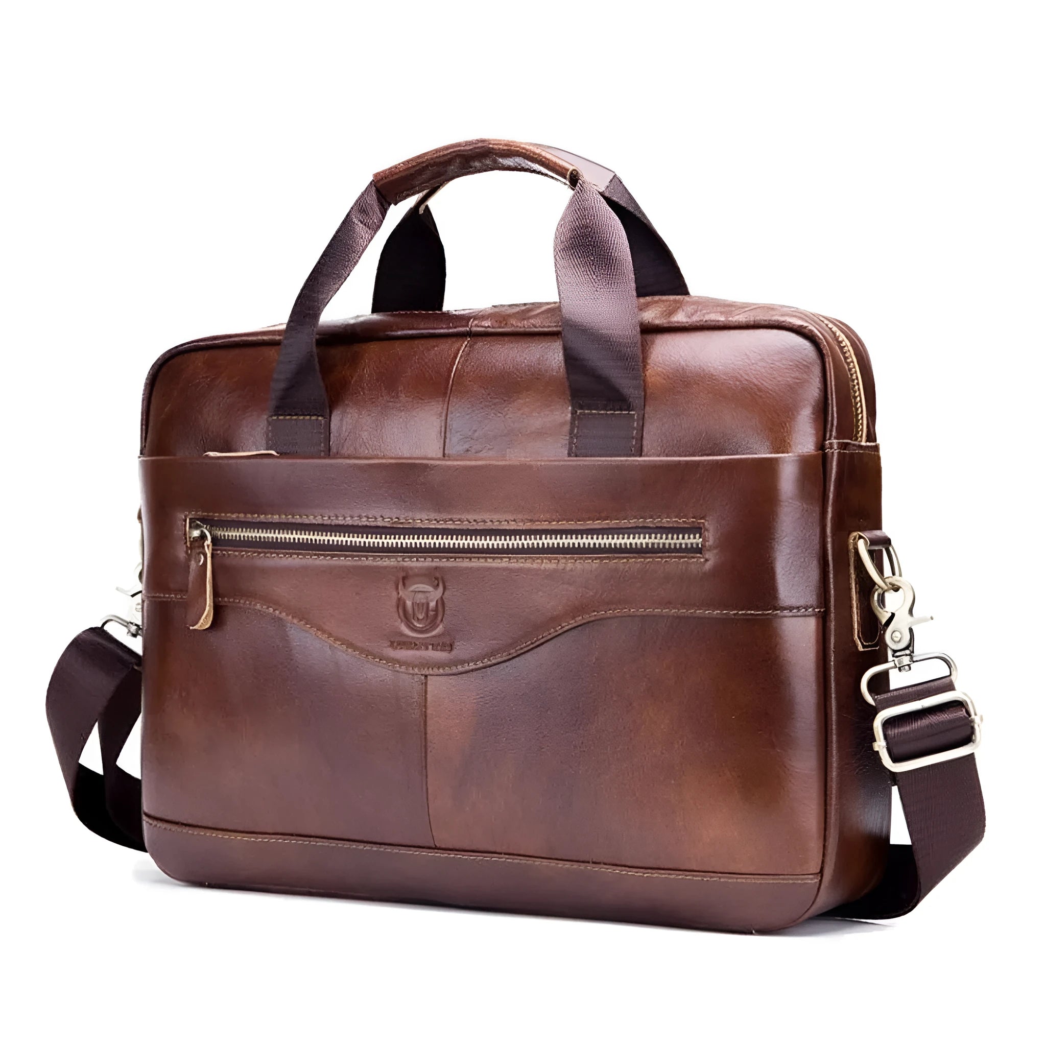 Captain Cow Leather Briefcase 044 in brown first layer cowhide with three compartments and metal clasp