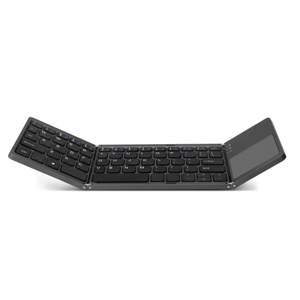 Black tri-fold Bluetooth keyboard with touchpad shown in folded and unfolded positions