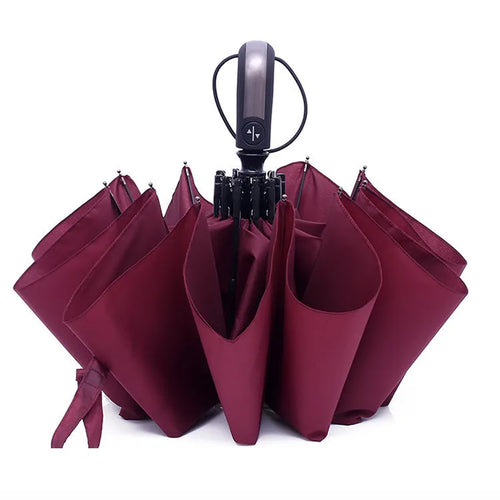 Automatic opening triple-fold business sun-shade umbrella in black colour with steel ribs and rubber handle