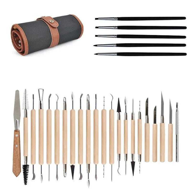 27-piece pottery clay tool set with wooden, stainless steel, and plastic tools in OPP storage bag