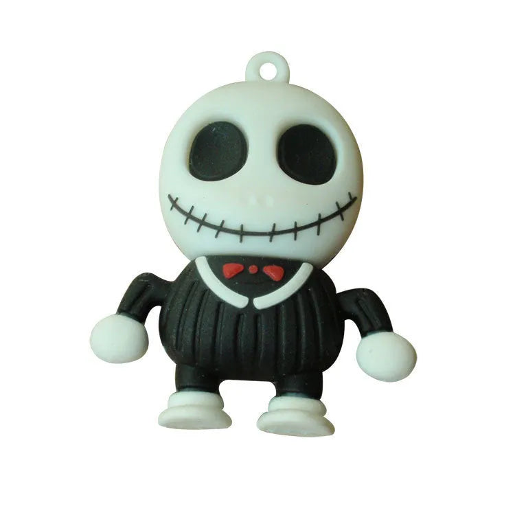 Halloween skeleton skull-shaped USB flash drive on a small keychain.