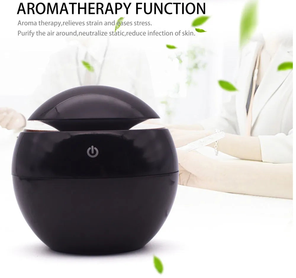 USB ultrasonic atomizer humidifier with colourful light, 130ml tank, 110x110x95mm size, available in Deep, Shallow, black, and white