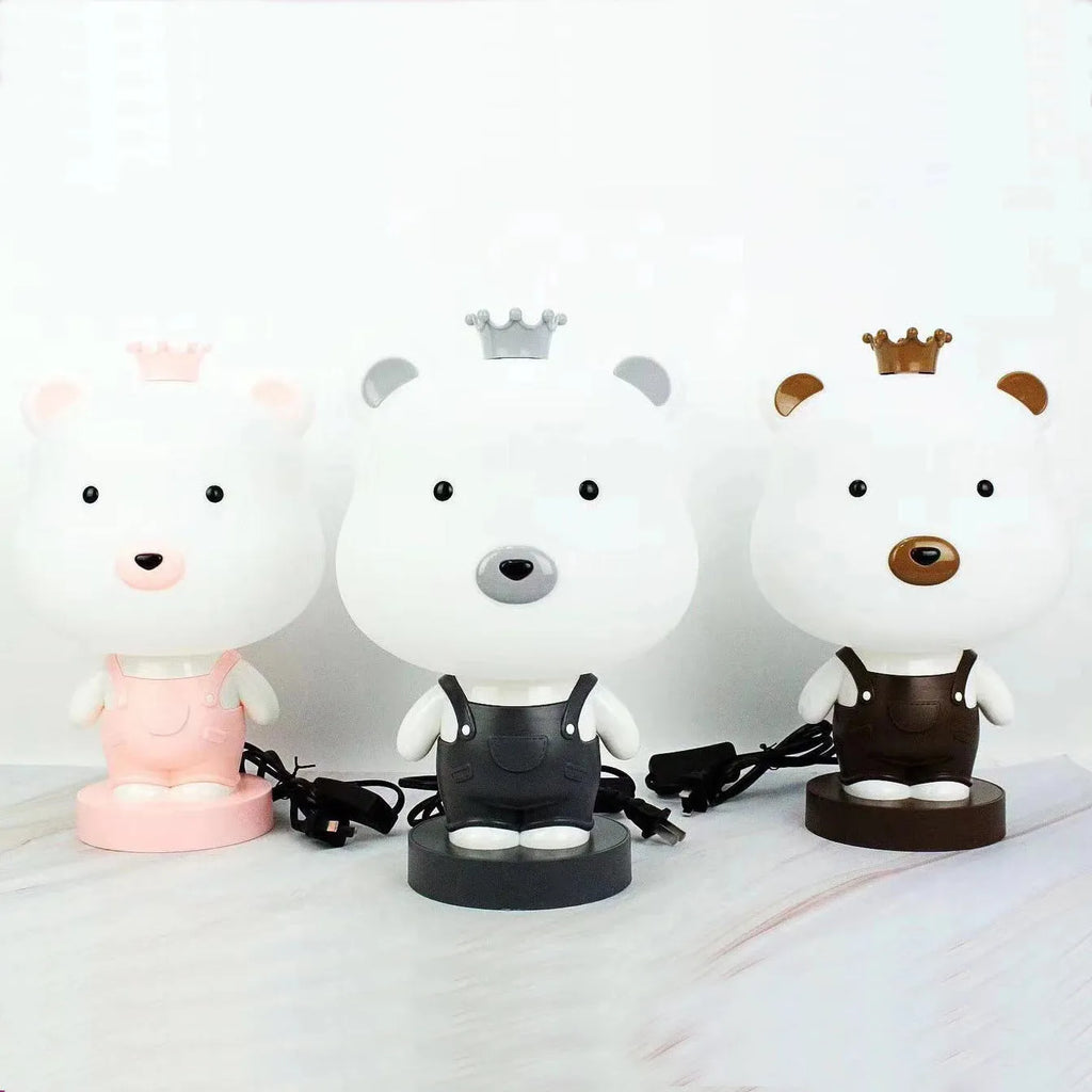 Cartoon animal table lamp with LED light and plastic shade in bear, cattle, rabbit, or tiger designs