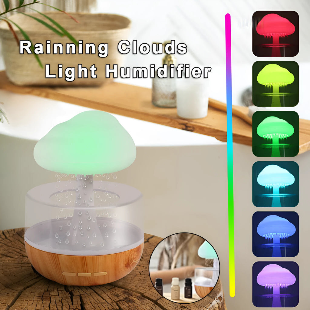 White raining cloud shaped humidifier with coloured LED light and USB cable.