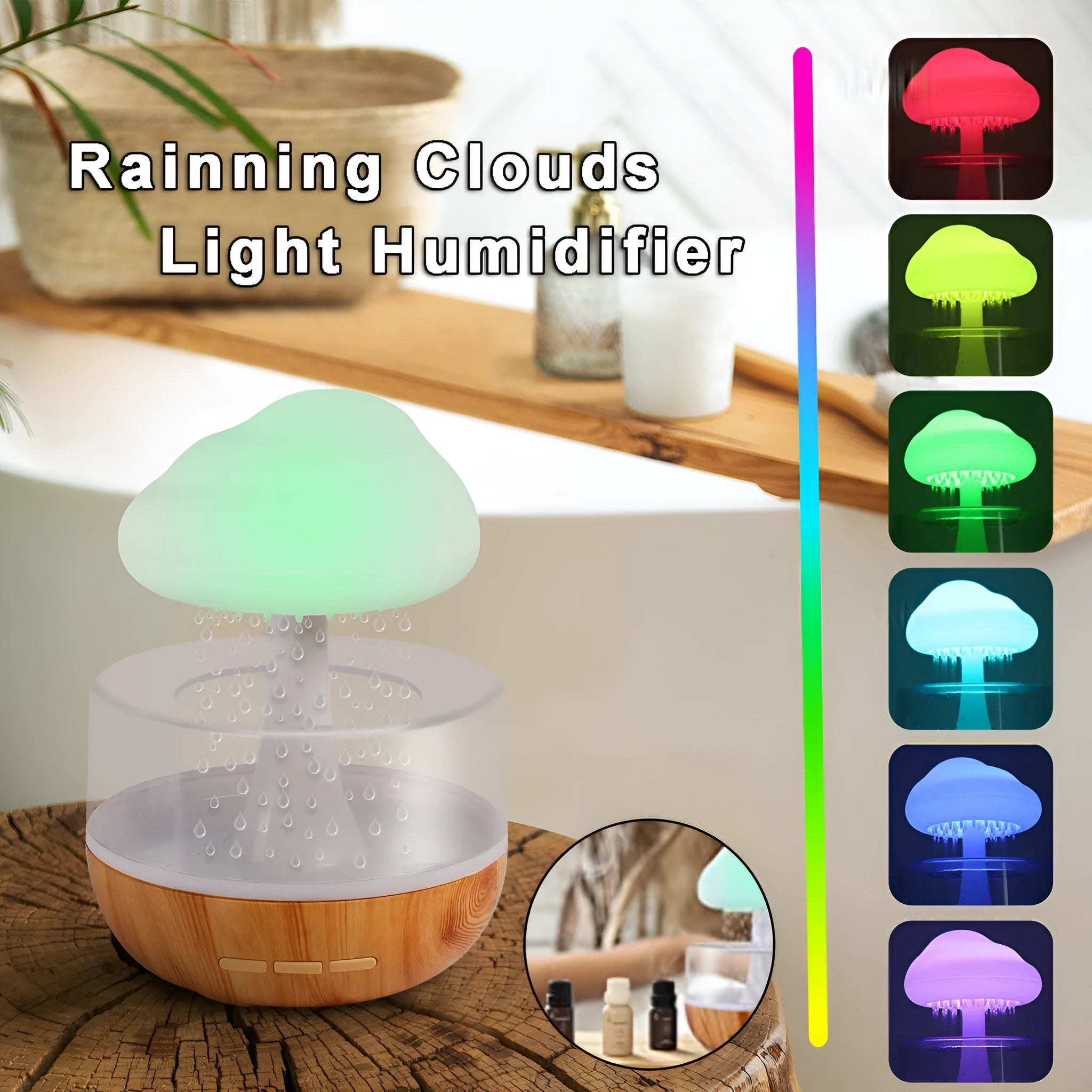White raining cloud shaped humidifier with coloured LED light and USB cable.