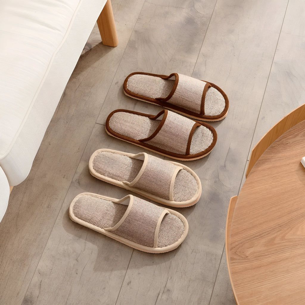 Women's open toe linen slippers in various colours with thickened sole design