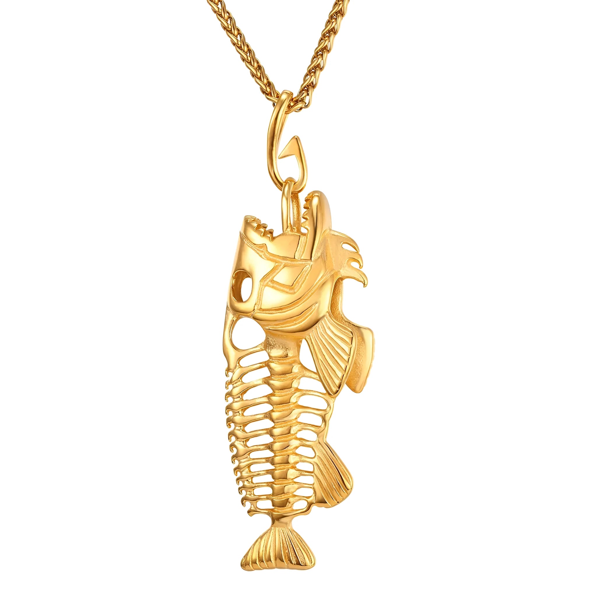 Fish bone pendant necklace in titanium steel with gold plated finish