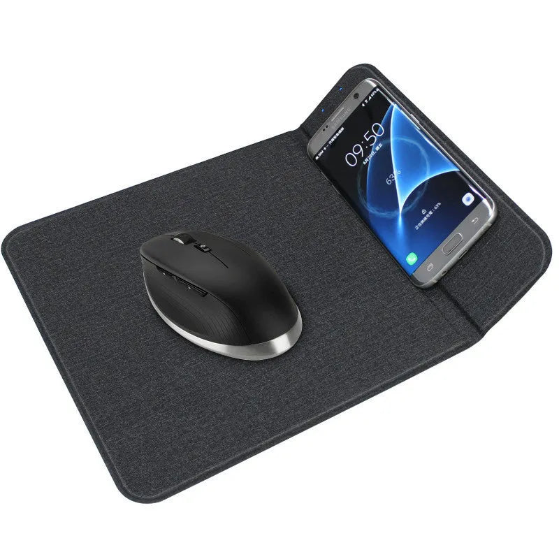 Black 2-in-1 wireless charging mouse pad with non-slip base and phone stand on a desk