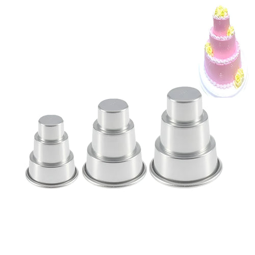 Three silver aluminium alloy cake moulds in large, medium and small sizes for tiered baking