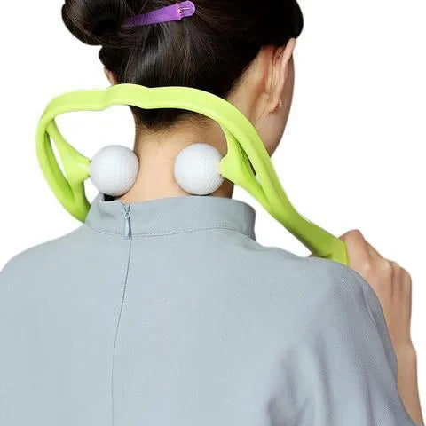 Plastic hand-held neck and shoulder massager with adjustable stand in pink, blue, or green colour.