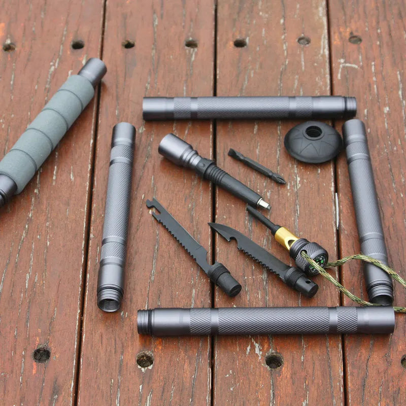Dark grey adjustable aluminium alloy trekking pole with tactical knife and whistle accessories