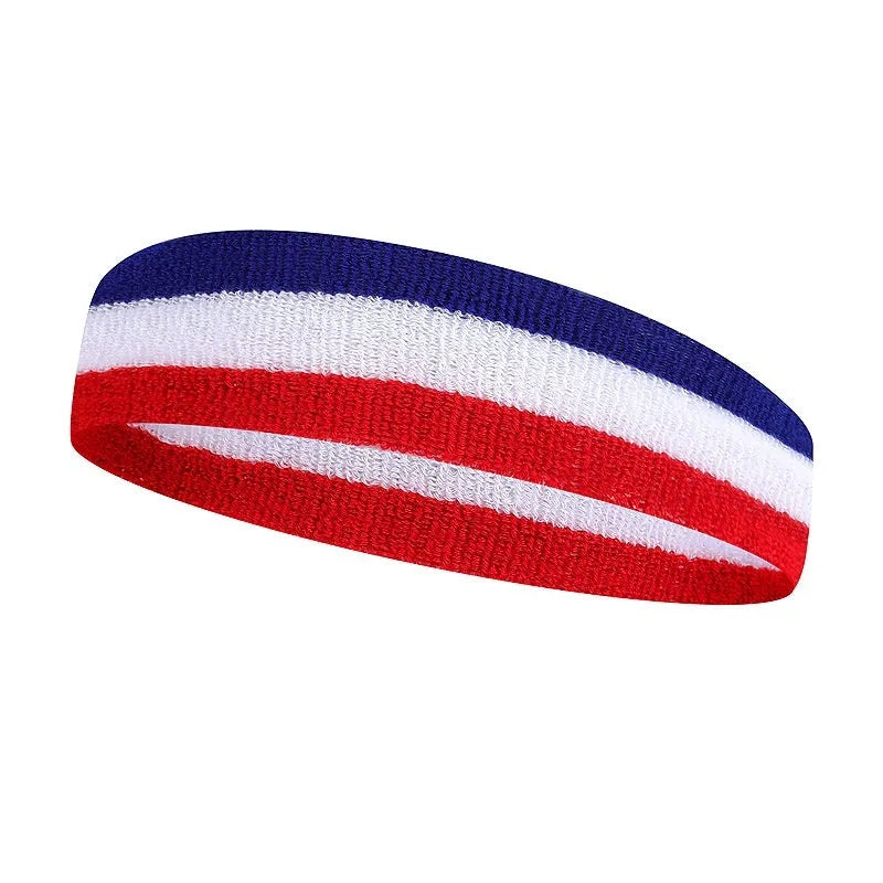 Three-colour sports headband for adults, shown in a red, yellow and blue combination.