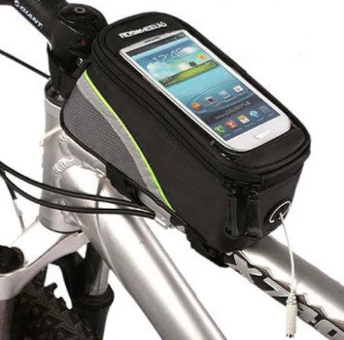 ROSWHEEL black PVC bicycle frame bag mounted on bike, holding a mobile phone.