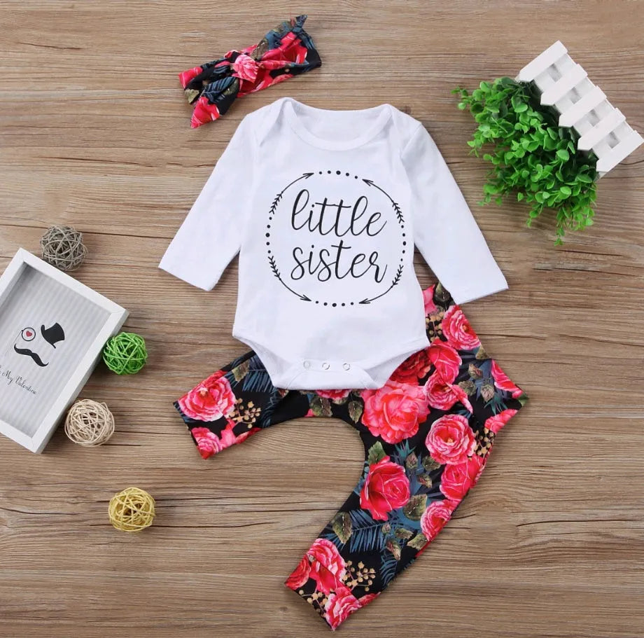 Girls' cotton three-piece autumn set with long-sleeved suit, floral letter print and colour hair band, sizes 70cm to 100cm