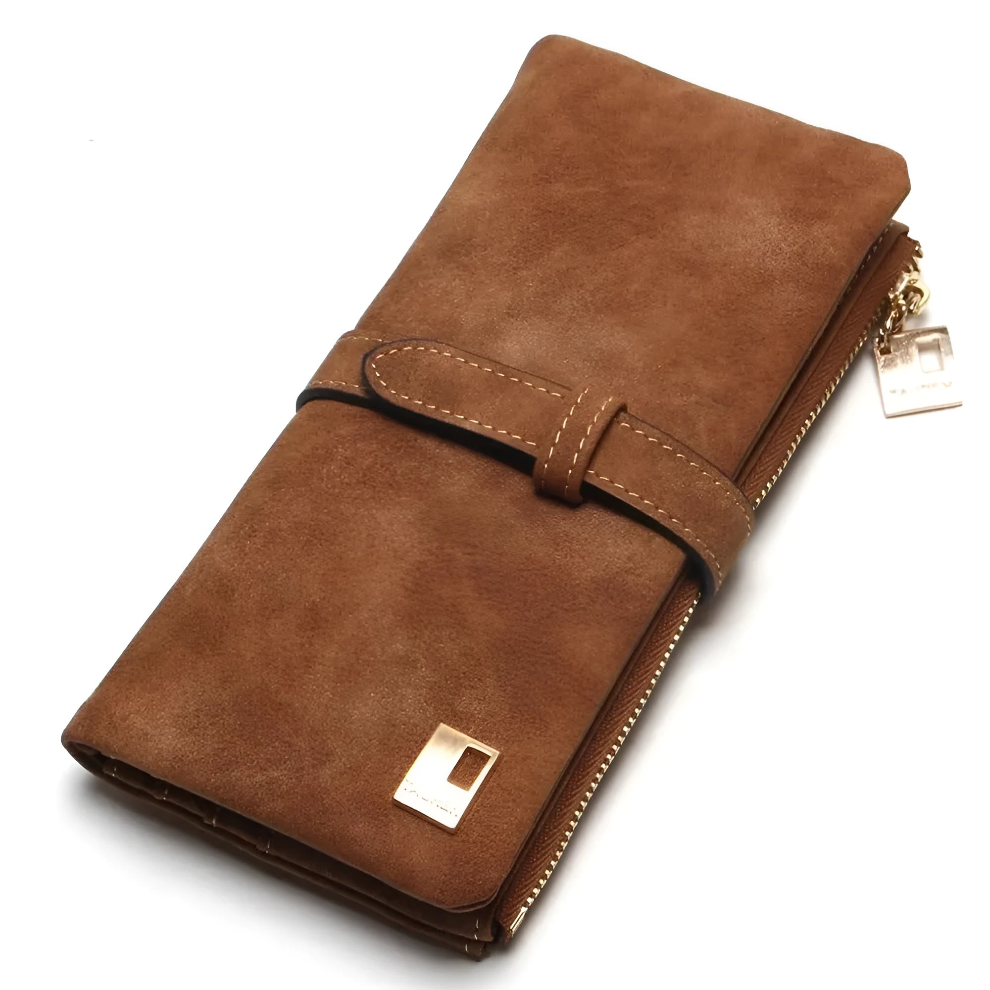Army green retro matte PU leather long bifold women's wallet with zip closure open to show card slots and phone pocket.