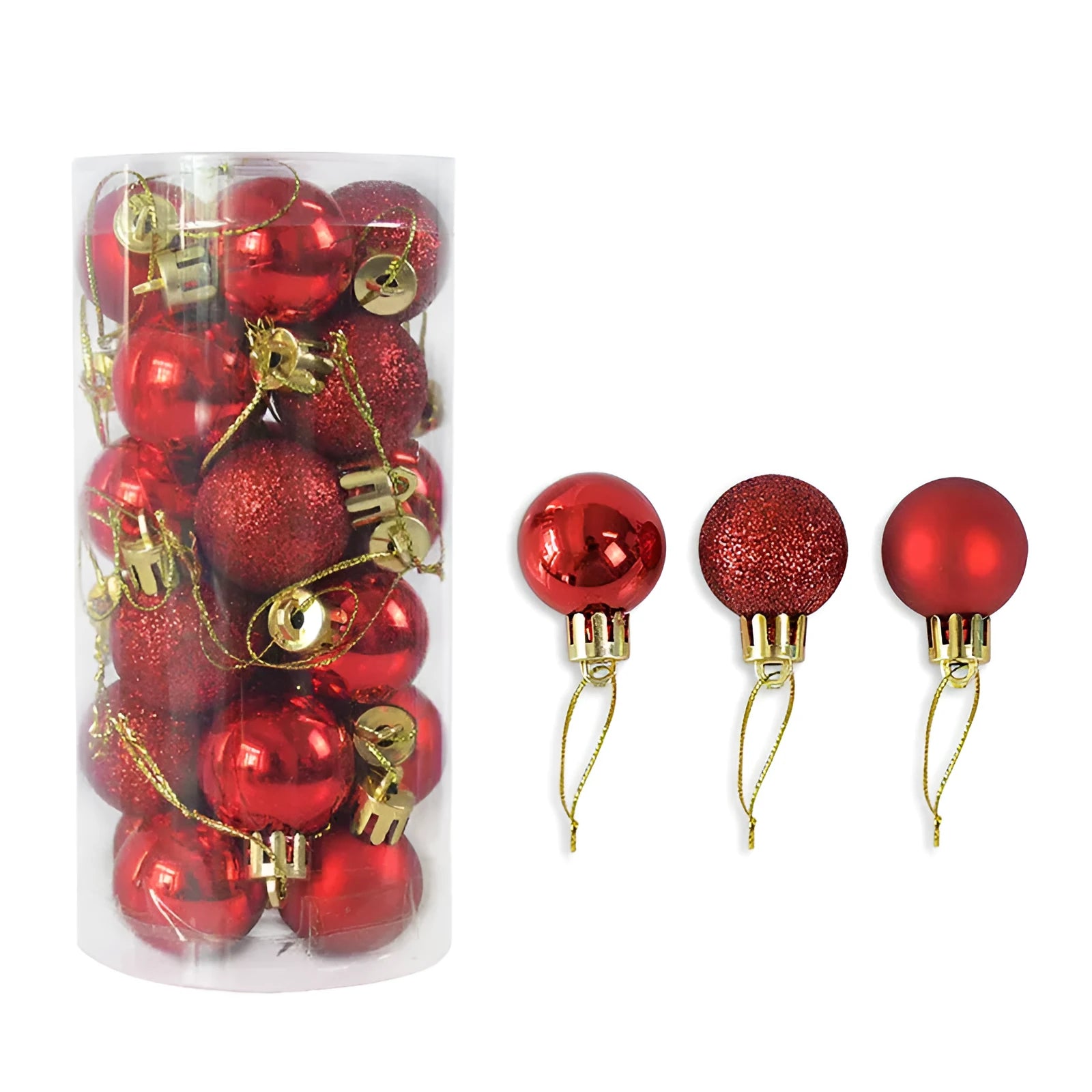 Assortment of 3cm gold, red, silver, and blue plastic Christmas baubles next to their tall storage barrel.