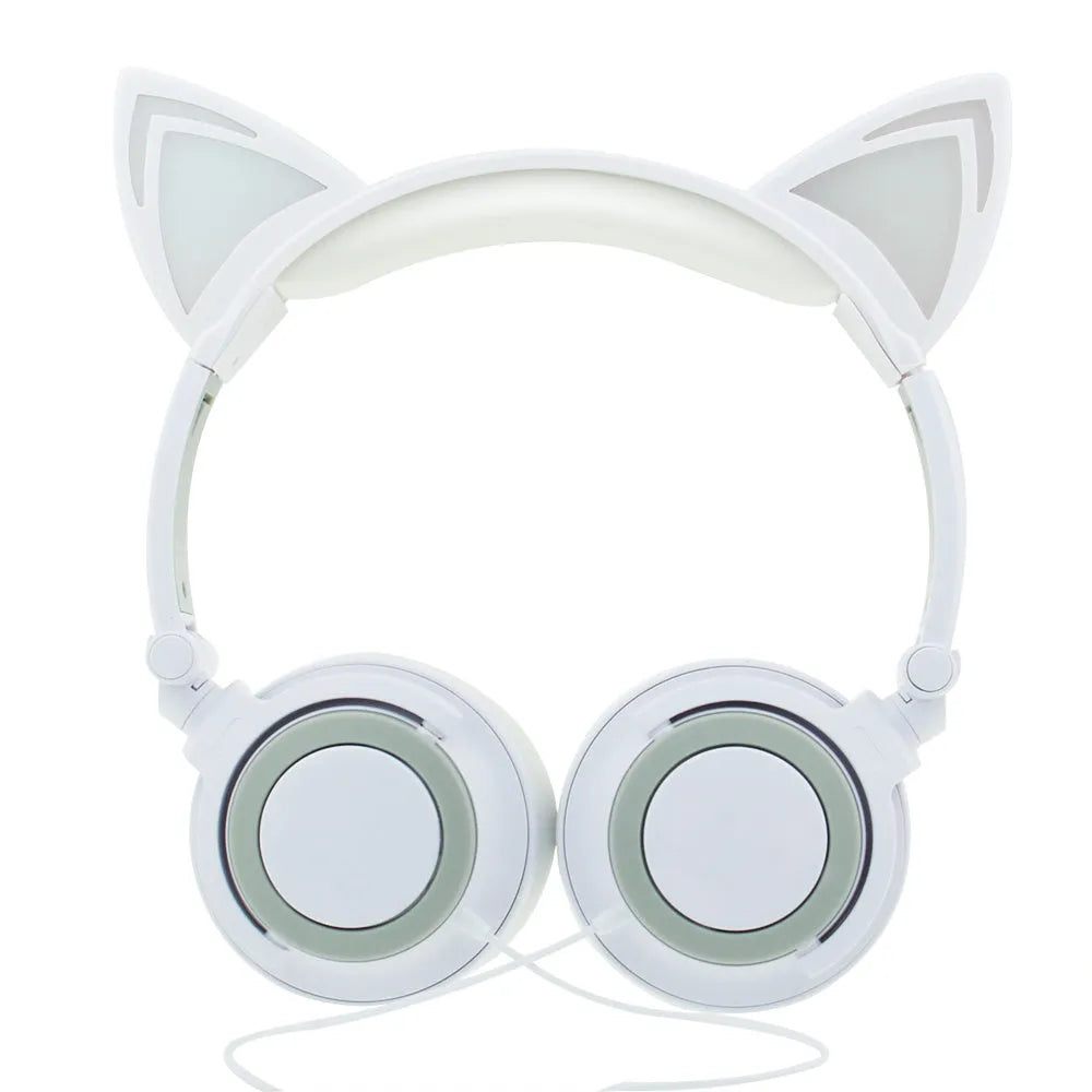 LED illuminated cat ear headphones in seven colour options showing lighting in ears and cushions