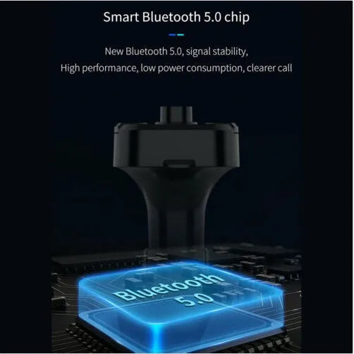 Black ABS car MP3 player Bluetooth FM transmitter with LED display and USB charging port on white background