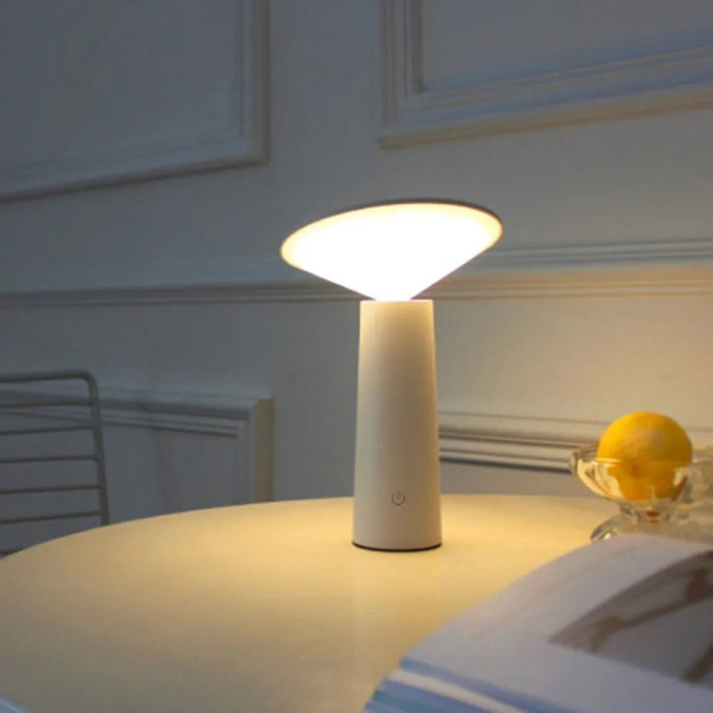 Black USB rechargeable table lamp with adjustable LED reading light head on a desk.
