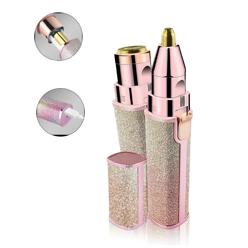 Lipstick shape electric eyebrow trimmer with gold plated head in Rainbow or Starry Sky colour, 2.5 x 2.5 x 12.5 cm.