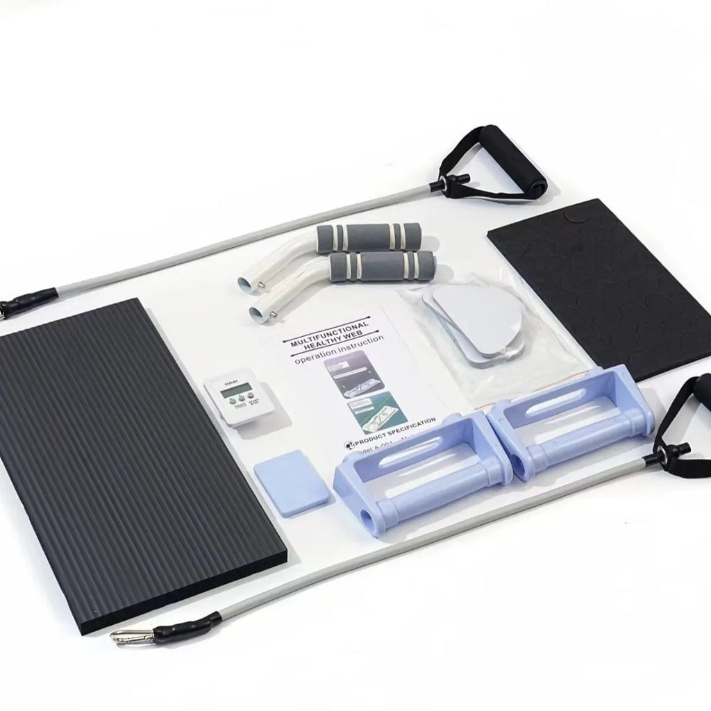 Foldable purple PP plastic flat support trainer belly panel for core exercises on a wooden floor.