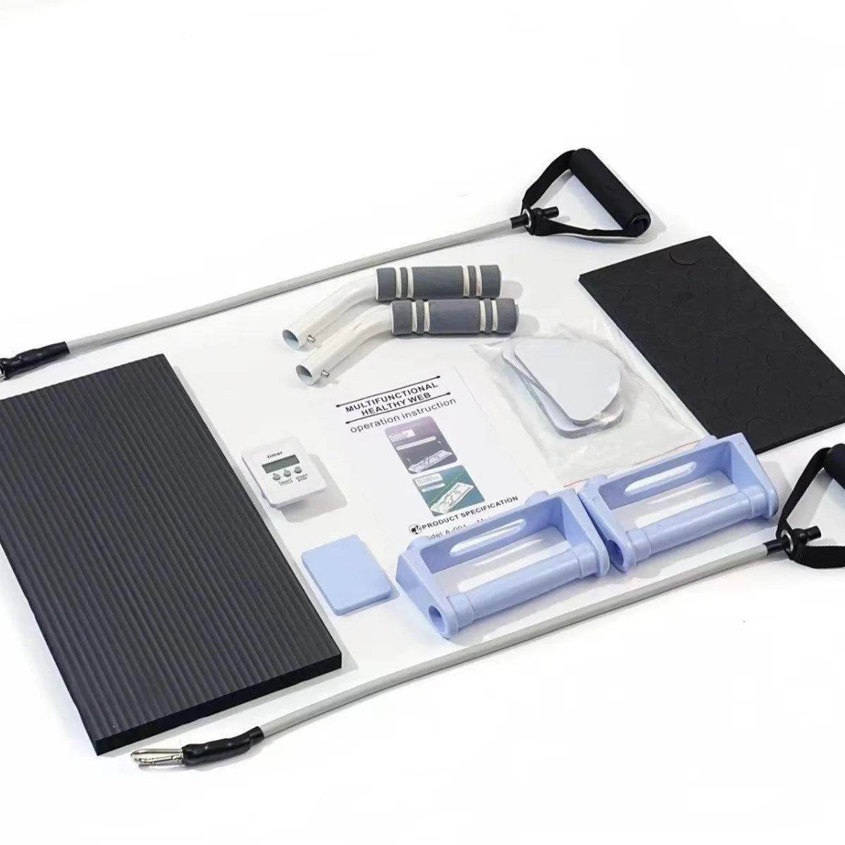 Foldable purple PP plastic flat support trainer belly panel for core exercises on a wooden floor.