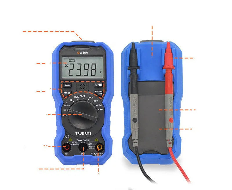 Digital multimeter handheld device with LCD display for NCV voltage detection and temperature measurement