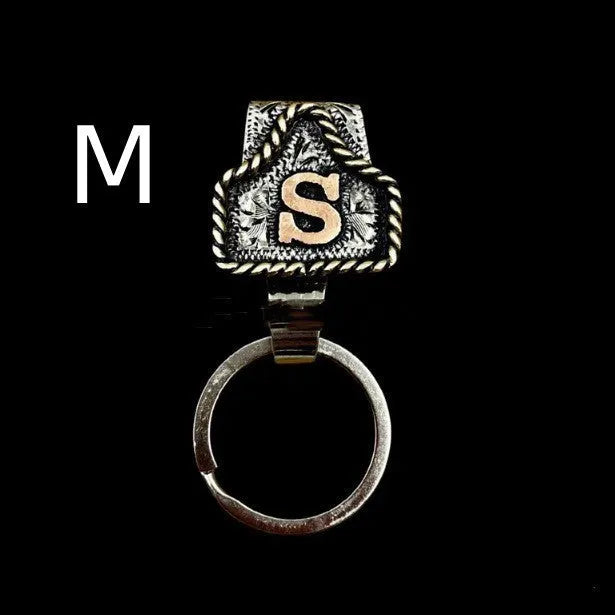 Handmade metal cow tag belt keychain in rustic design with multiple colour options