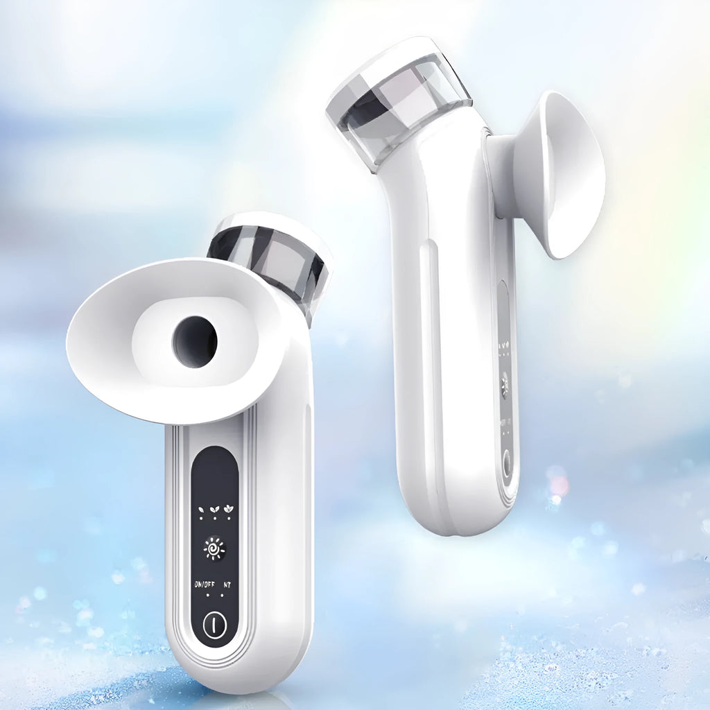 White portable rechargeable eye massager with cold hot compress functions and included eye mask