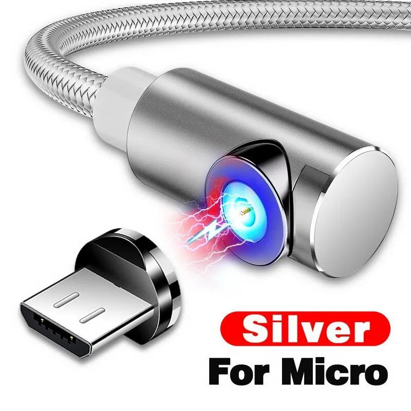 Black magnetic charging cable with aluminium connectors for Micro USB, Type C, and Apple devices.