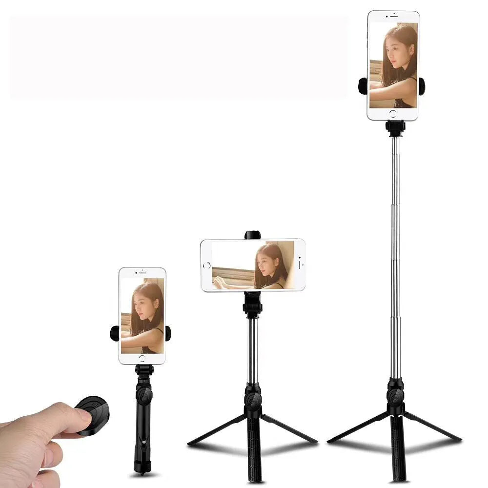 Bluetooth selfie stick tripod with aluminium pole extended, showing phone clip rotation and foldable legs