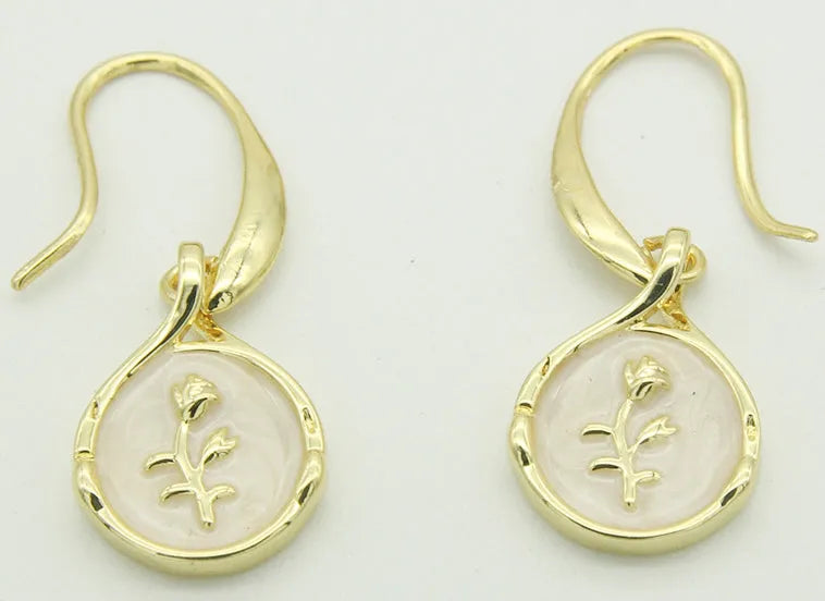 Drop-shaped rose inlaid shell earrings in brass with zircon, hoop and hook styles, cute floral teardrop design