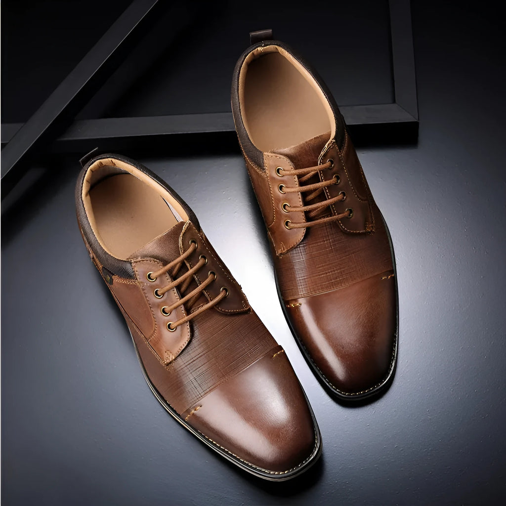 Men's brown cowhide formal shoes with rubber sole, sizes 8 to 13 including half sizes
