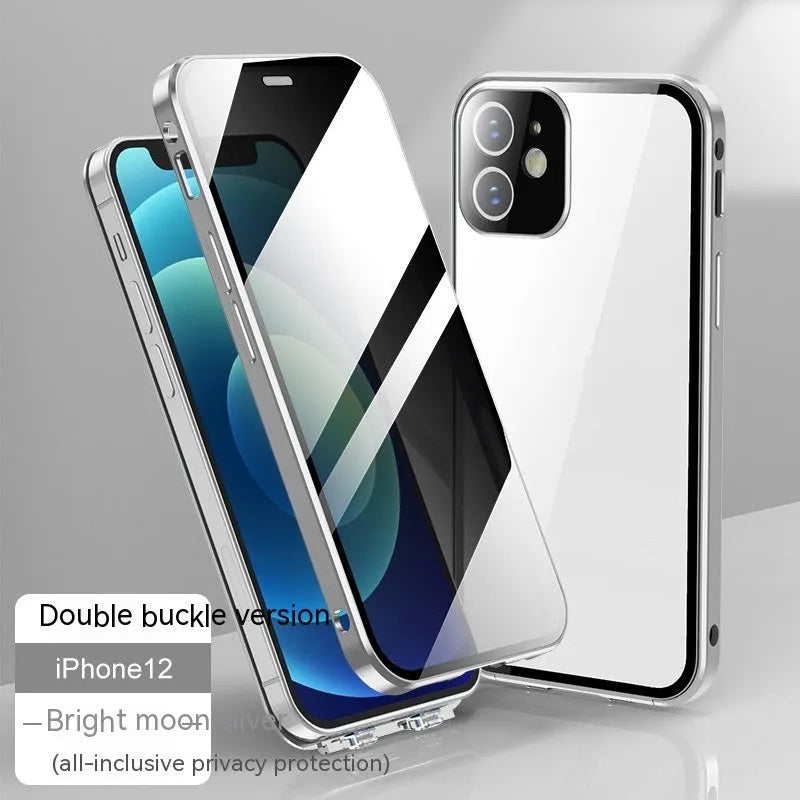 Glass privacy phone case with double-sided buckle for Apple iPhone, shown in multiple colour options.