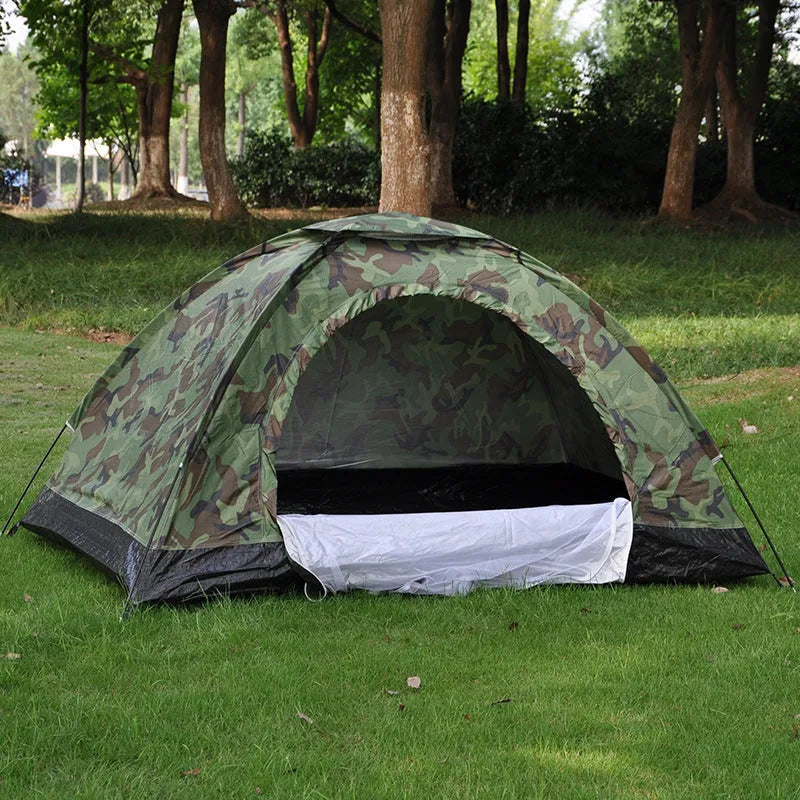 Green camouflage camping tent with steel ground nails and breathable mesh windows