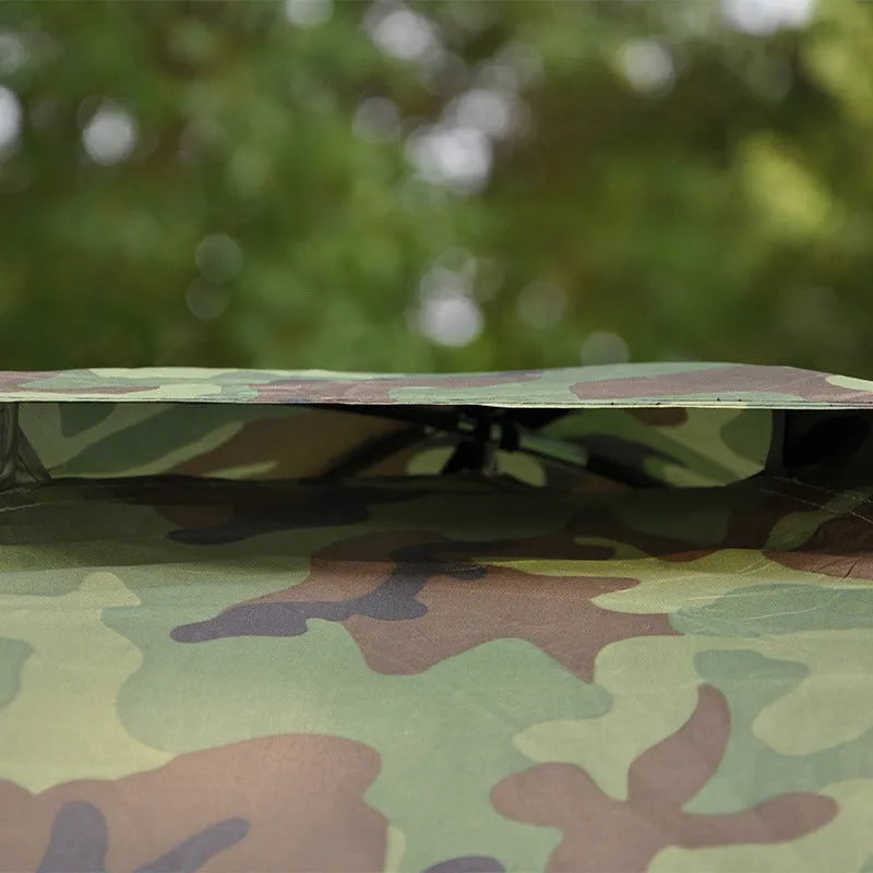 Green camouflage camping tent with steel ground nails and breathable mesh windows