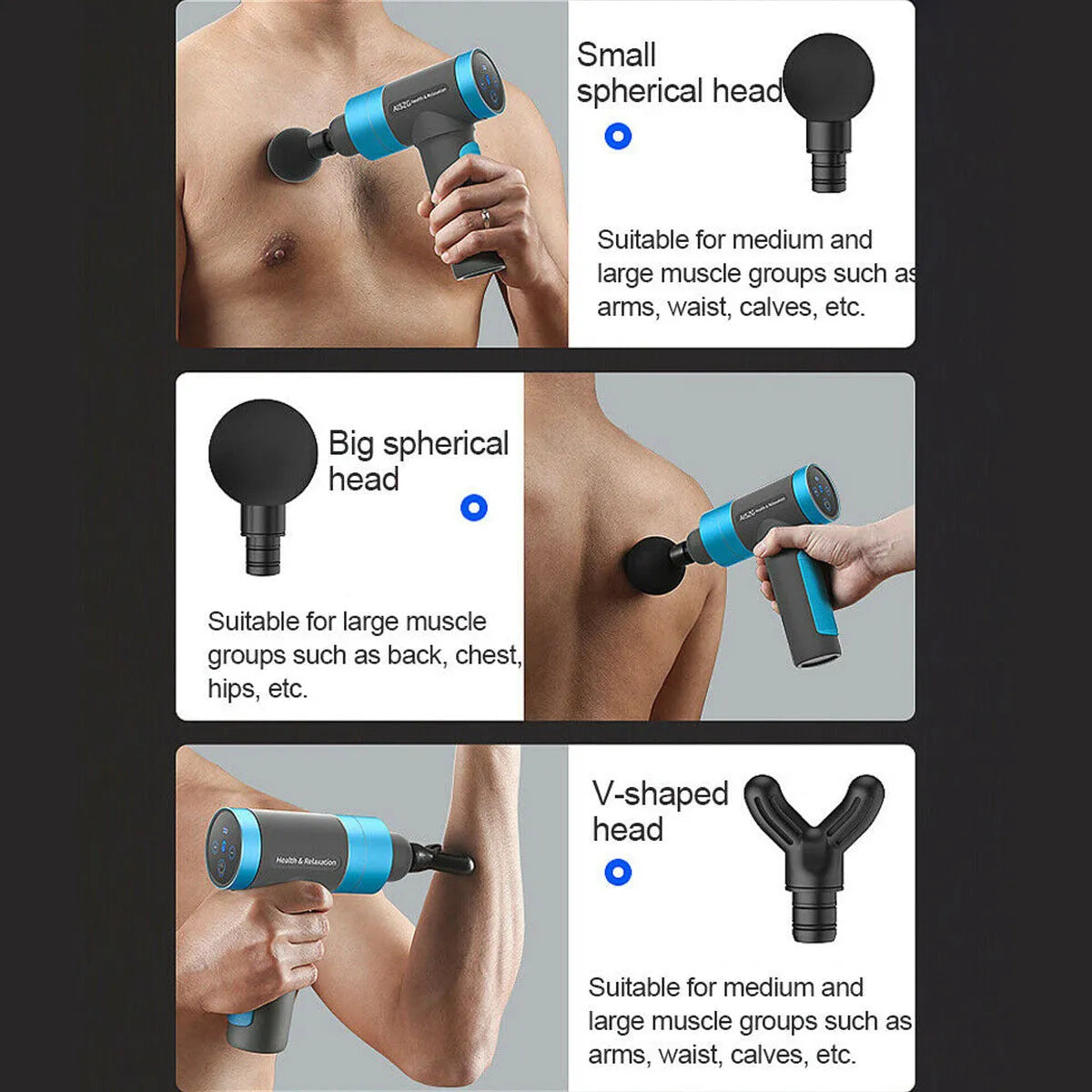 Electric percussion massage gun with ergonomic handle, touch screen, and 4 or 6 massage heads, available in grey, blue, or purple.