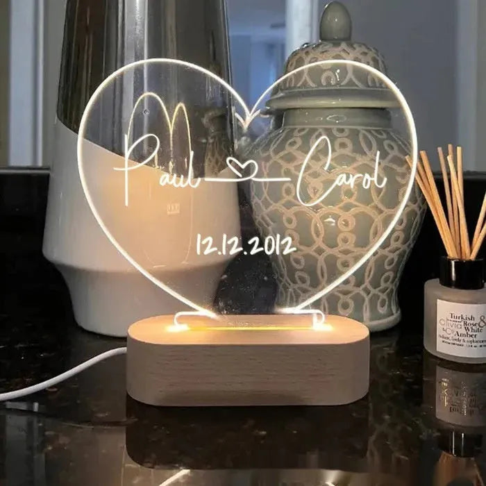 Custom acrylic LED night light with personalised names and date for couples