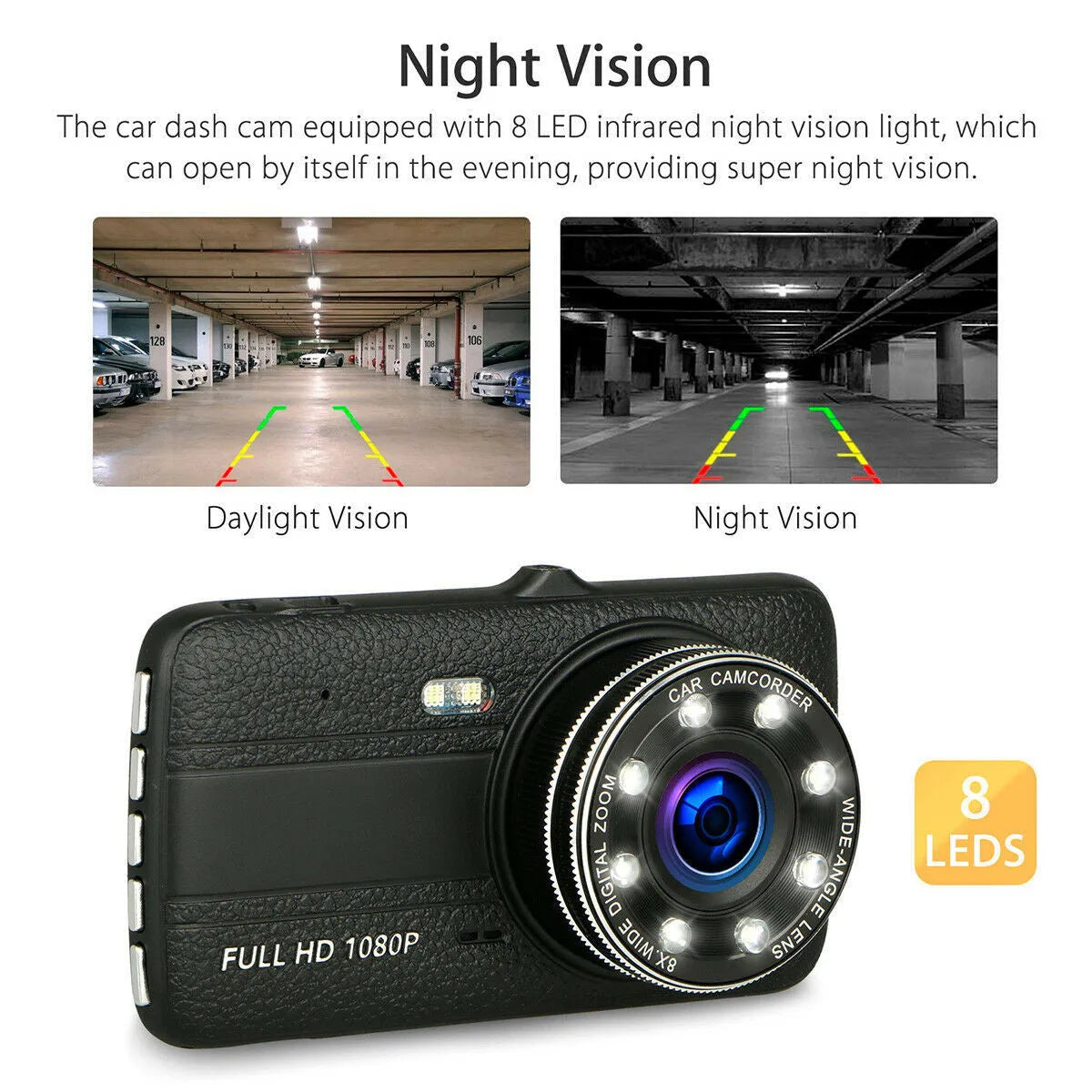 HD driving recorder with 8 night vision lights on windscreen mount showing 4.0 inch screen