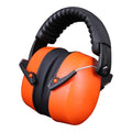 Orange head-mounted noise-cancelling headphones and protective earmuffs with an adjustable elastic headband.