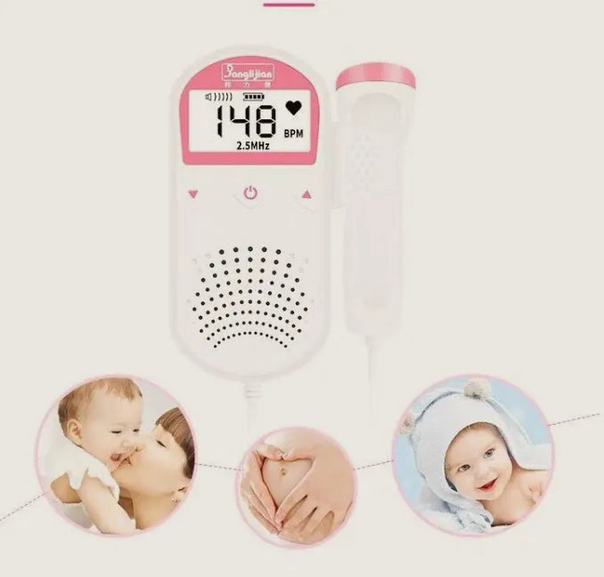 Fetal heart rate monitor with LCD screen and 2.5MHz waterproof probe on a pink background