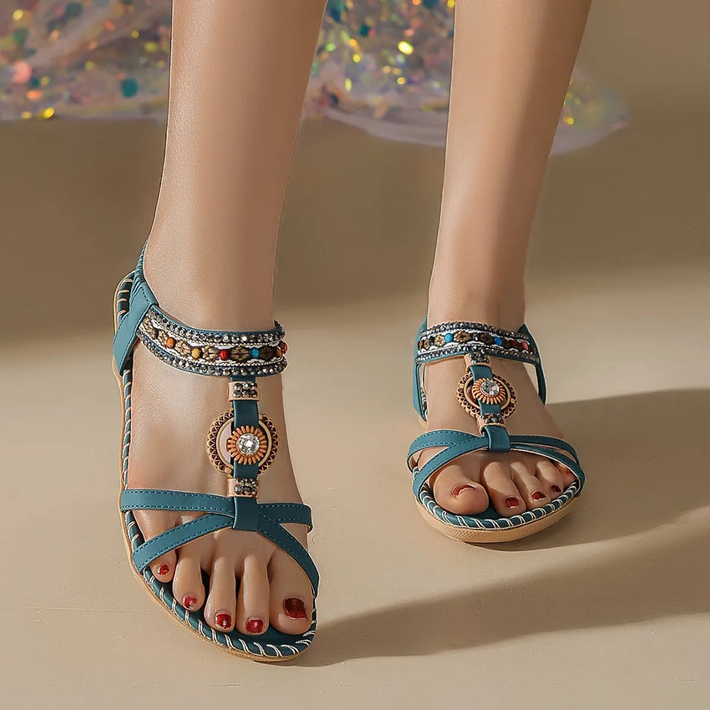 Handmade beaded rhinestone flat beach sandals for women, dark green, PU upper, low top, TPR sole