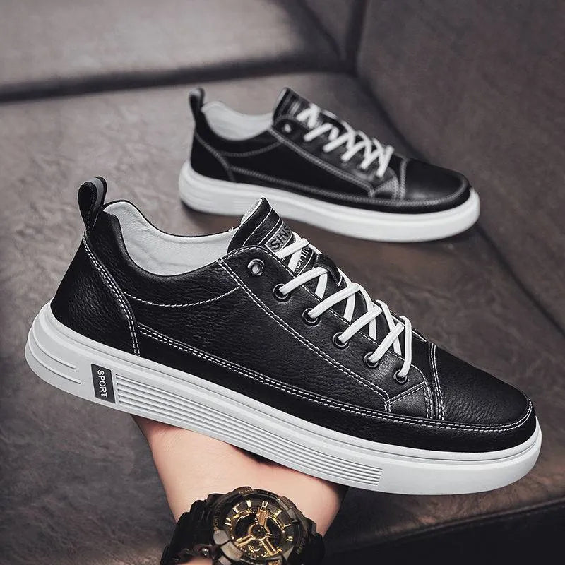 Men's white casual PU shoes with round toe and low flat heel on a plain background.