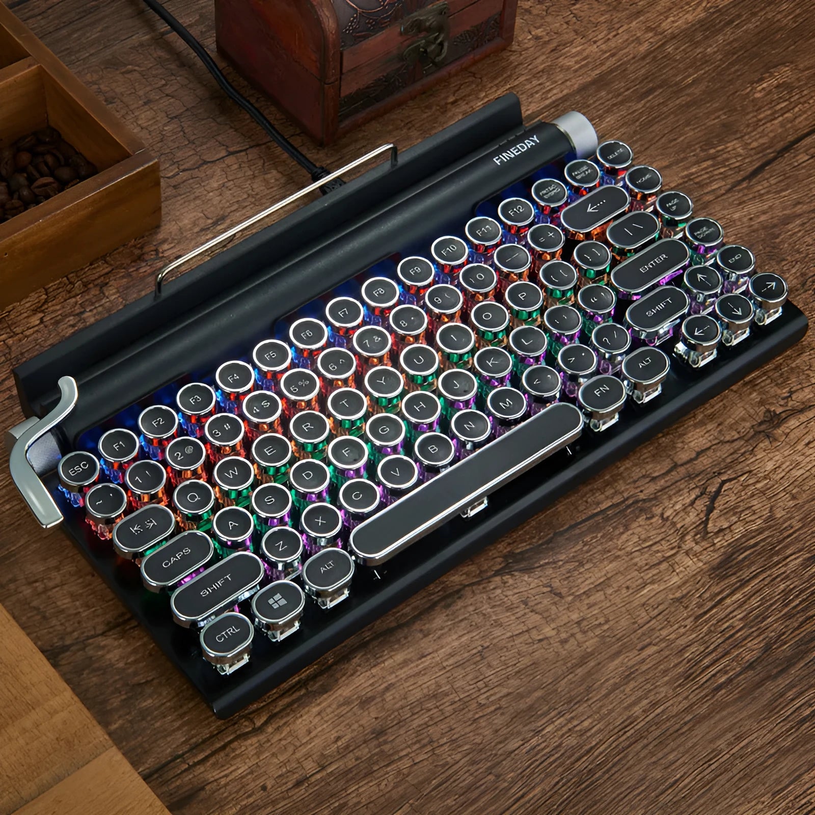 Black retro typewriter style mechanical keyboard with colourful backlit keys